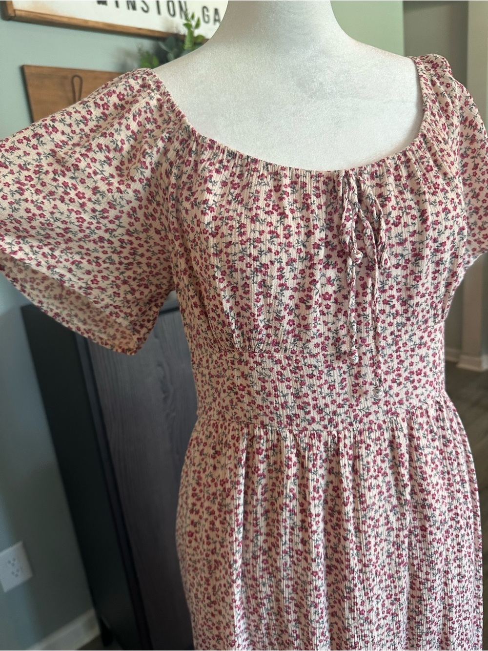 XL rewind pink cream ditsy floral peasant bodice maxi dress corset hippie y2k - Picture 5 of 7